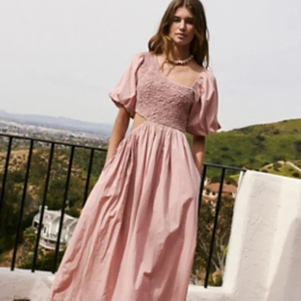 Free People Kalina Pink Puff Sleeve Midi Dress XS
